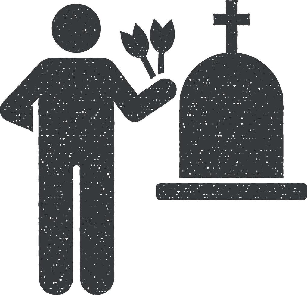 hombre funeral flor dolor llorar icono vector ilustración en sello estilo