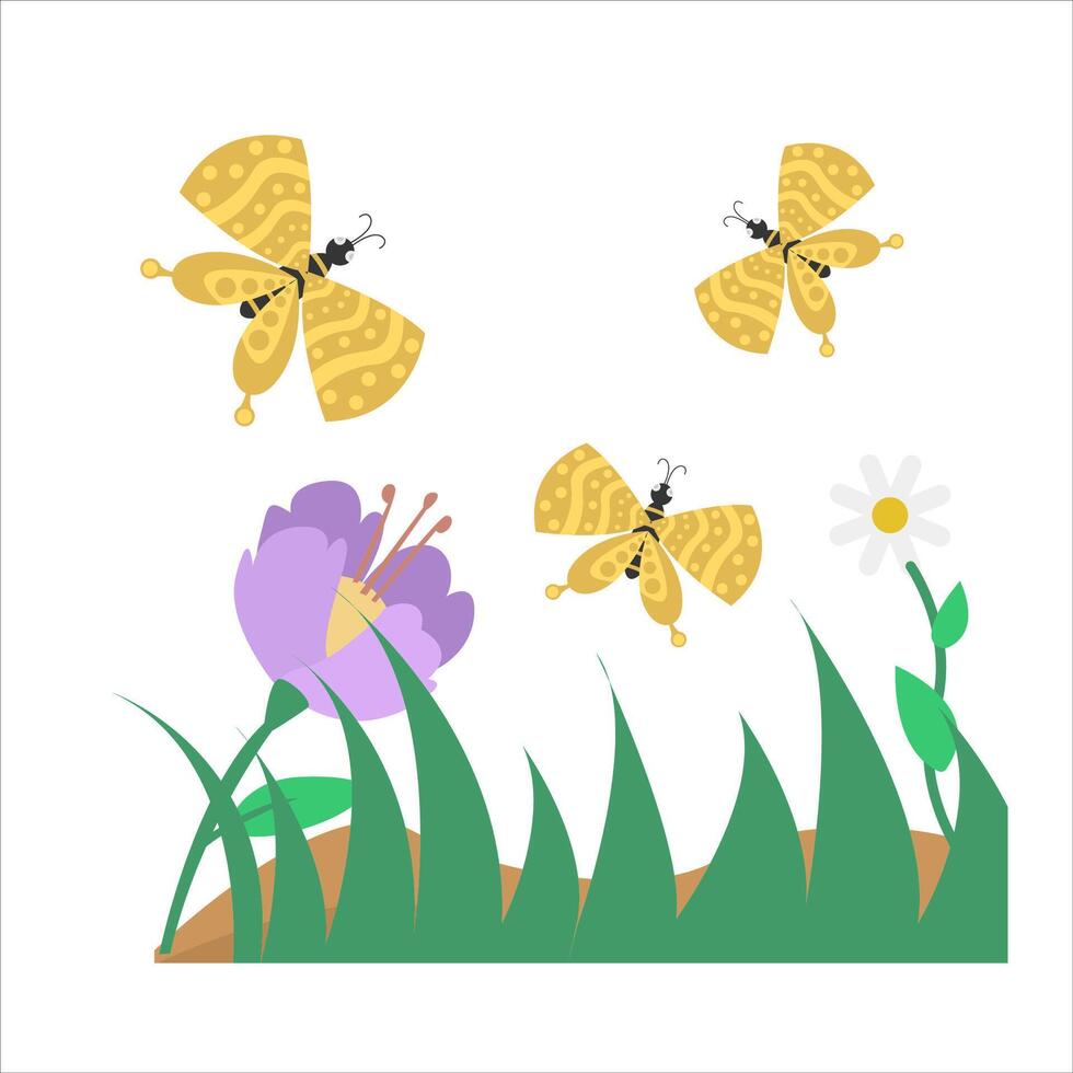 butterfly in flower with grass illustration vector