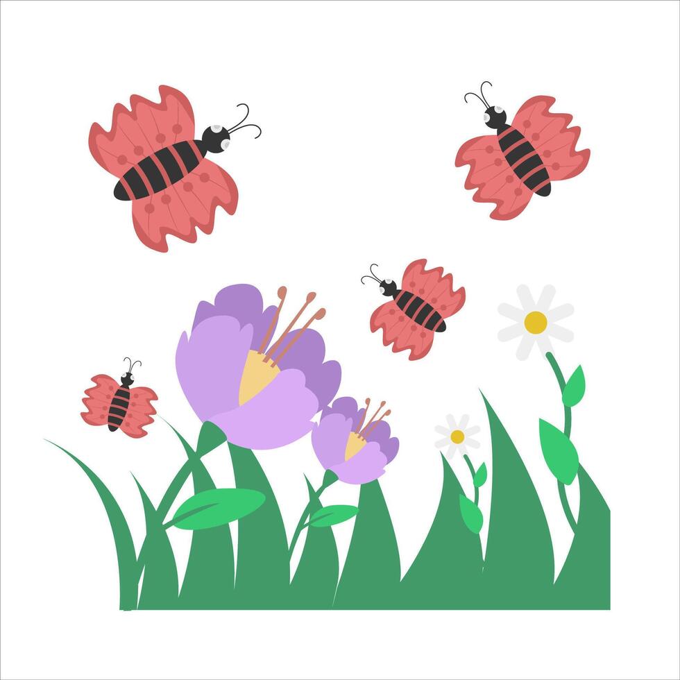 butterfly in flower with grass illustration vector