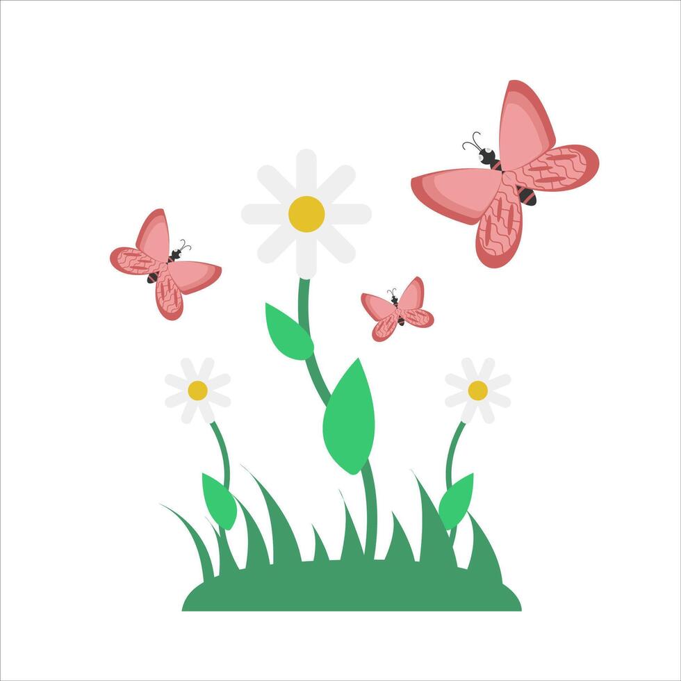 butterfly, flower with grass illustration vector