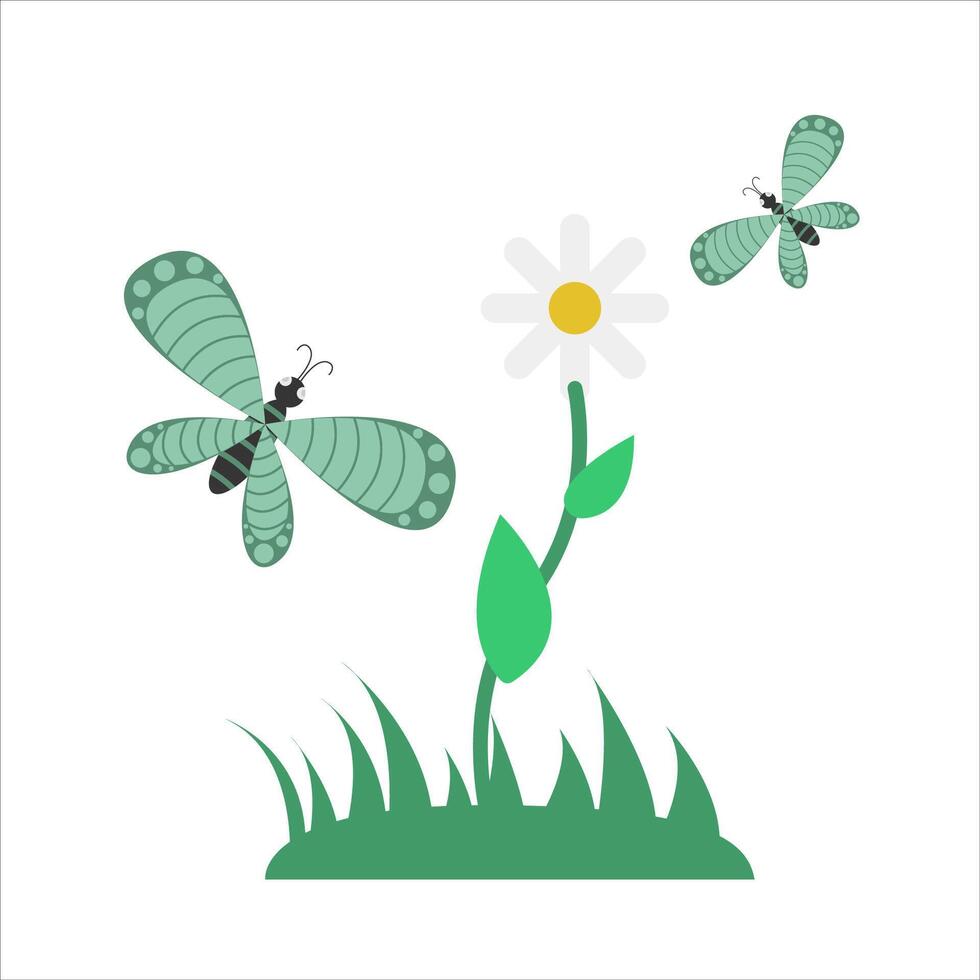 butterfly, flower with grass illustration vector