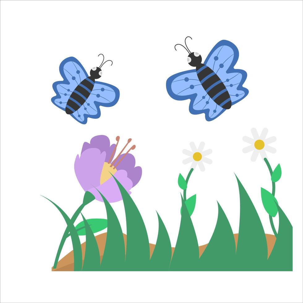 butterfly in flower with grass illustration vector