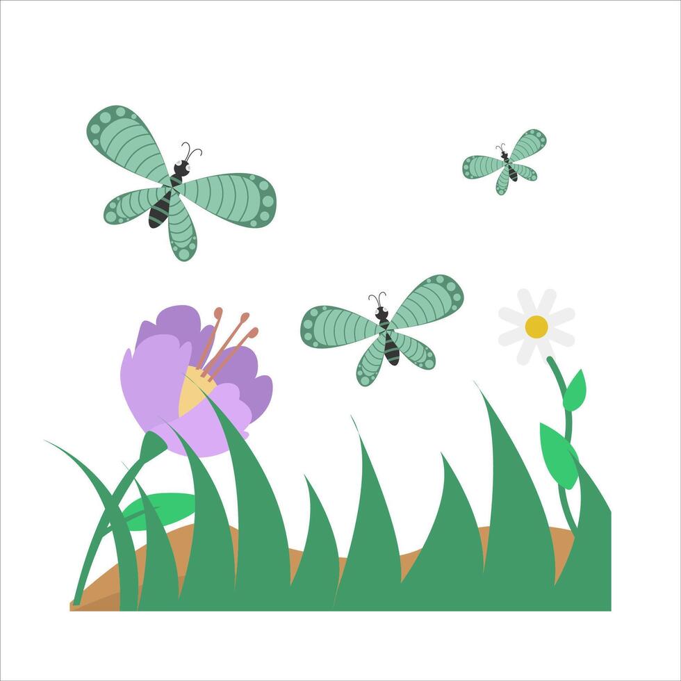 mariposa en flor con césped ilustración vector