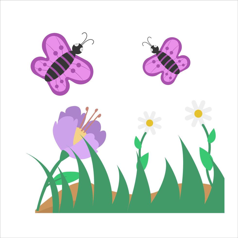 butterfly in flower with grass illustration vector