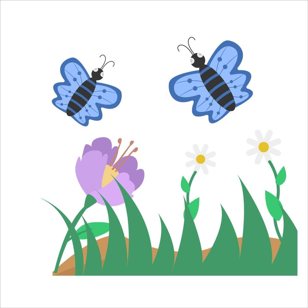 butterfly, flower with grass illustration vector