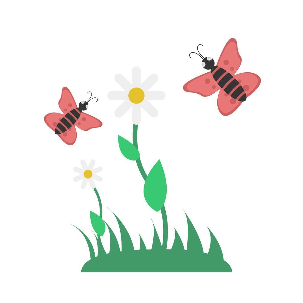 butterfly, flower with grass illustration vector