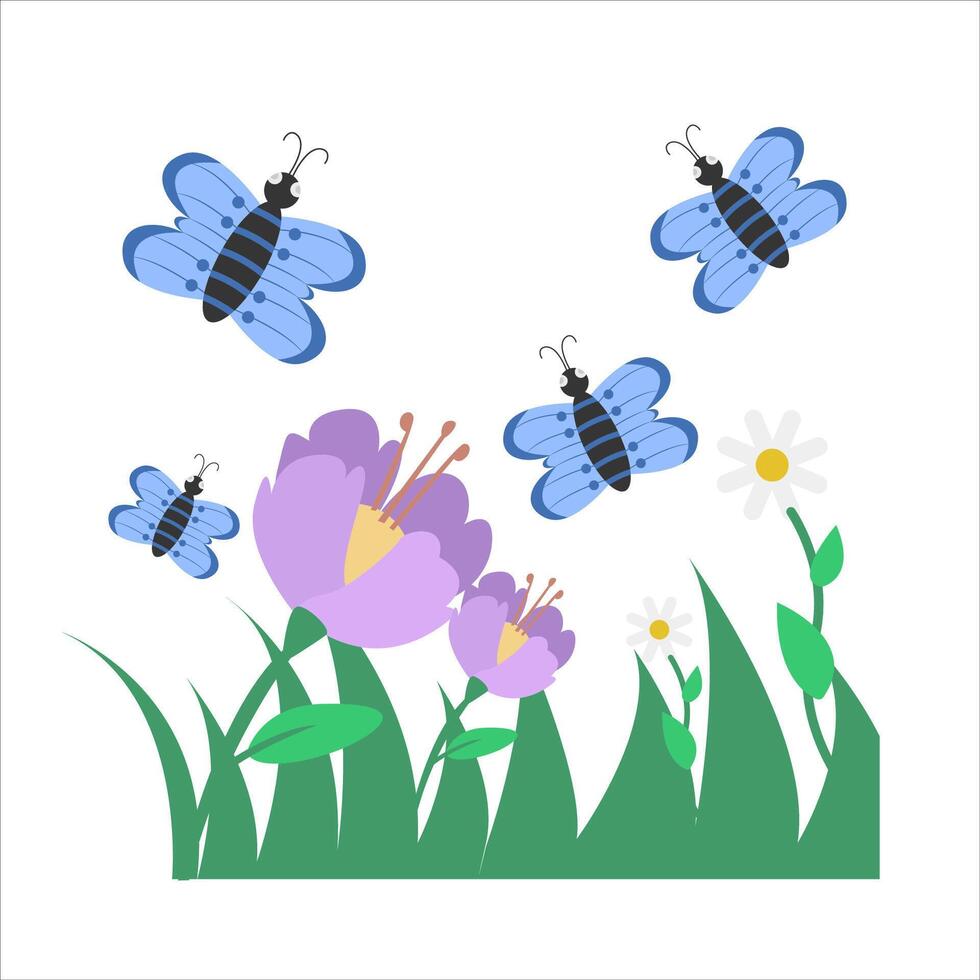 butterfly, flower with grass illustration vector