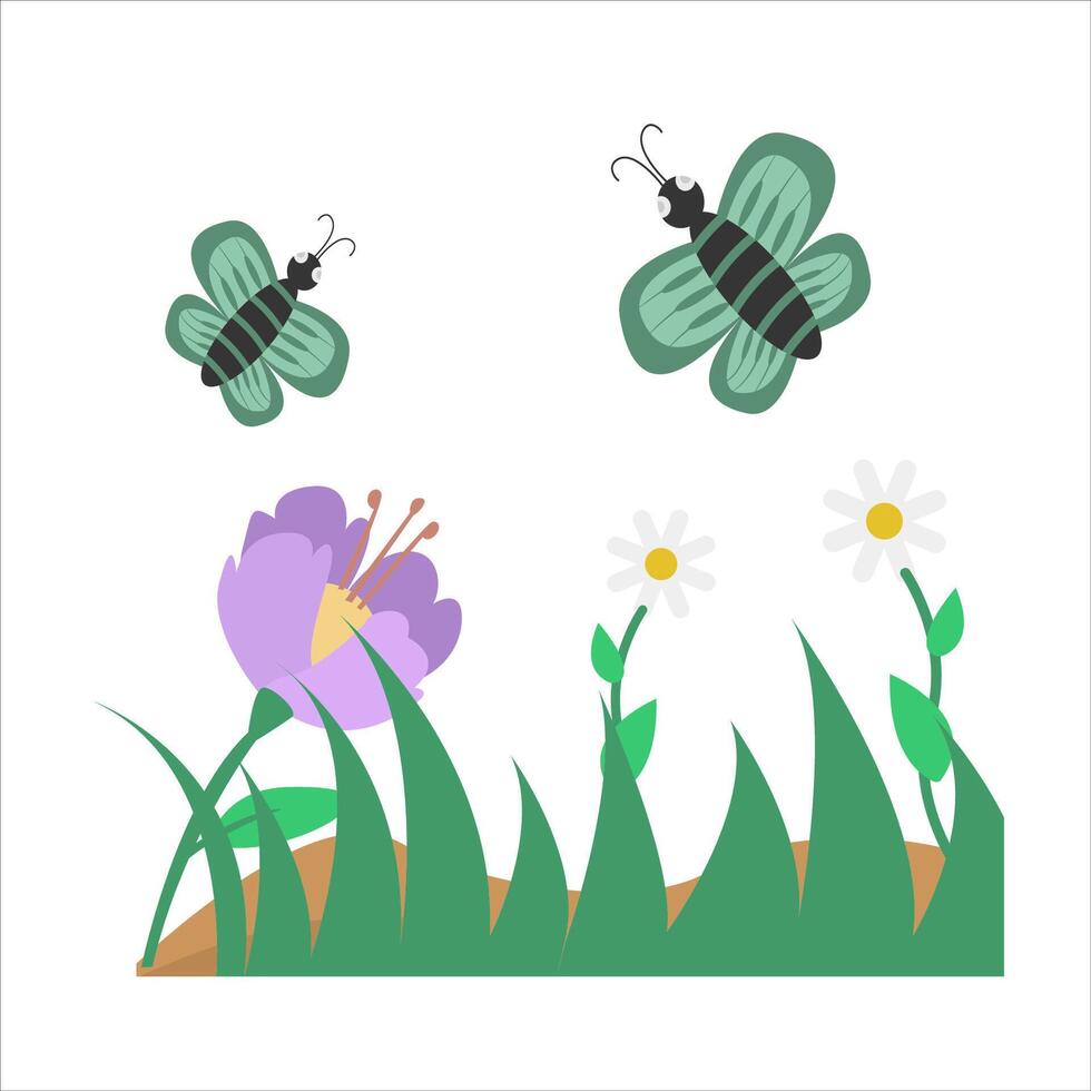 butterfly, flower with grass illustration vector