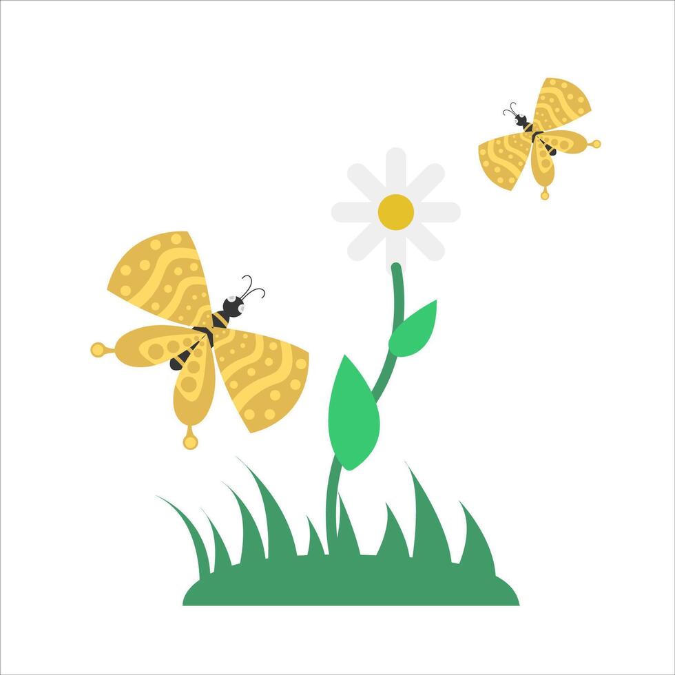 butterfly, flower with grass illustration vector