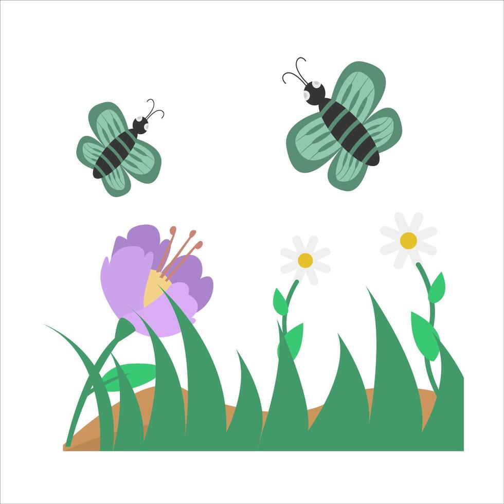 butterfly in flower with grass illustration vector