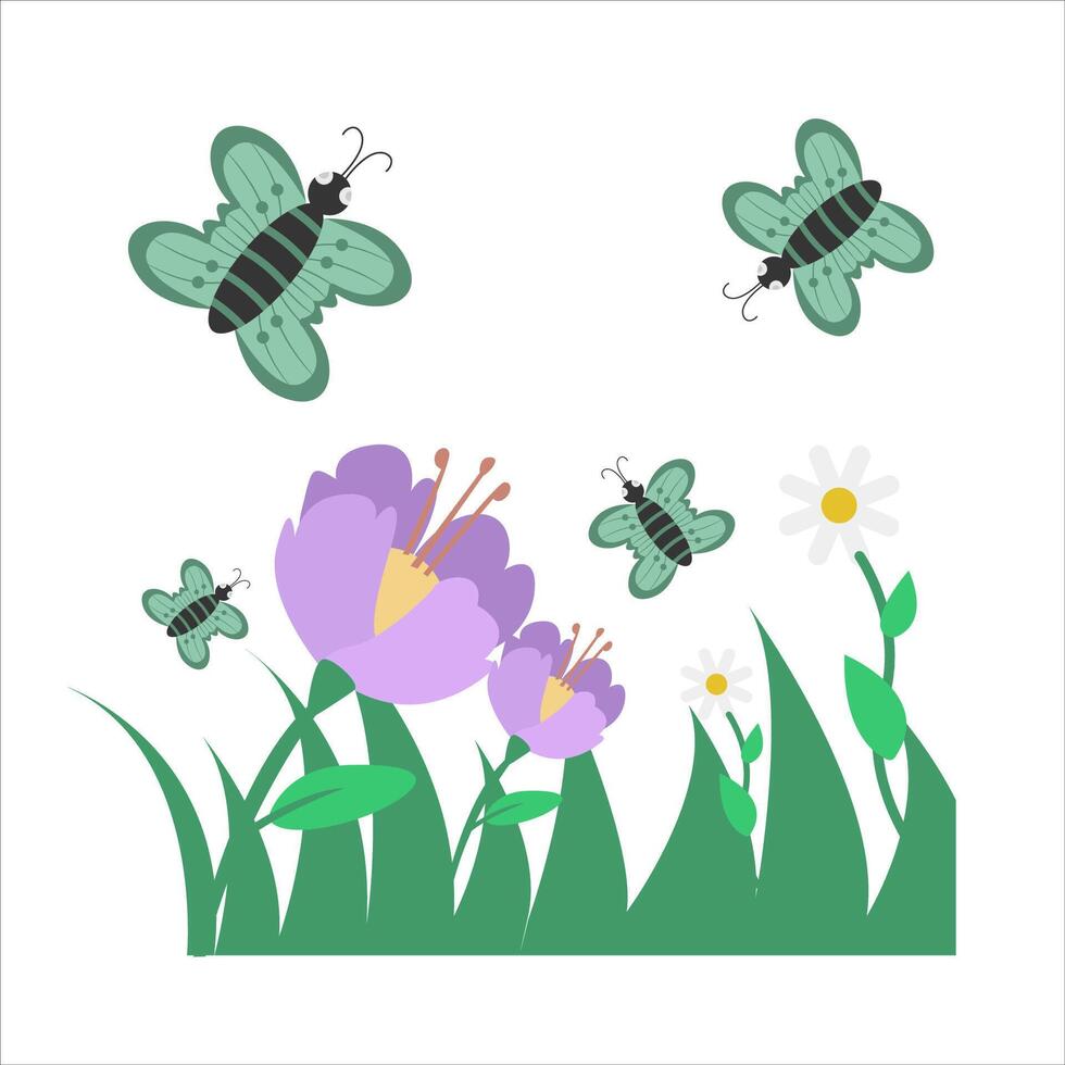 butterfly in flower with grass illustration vector