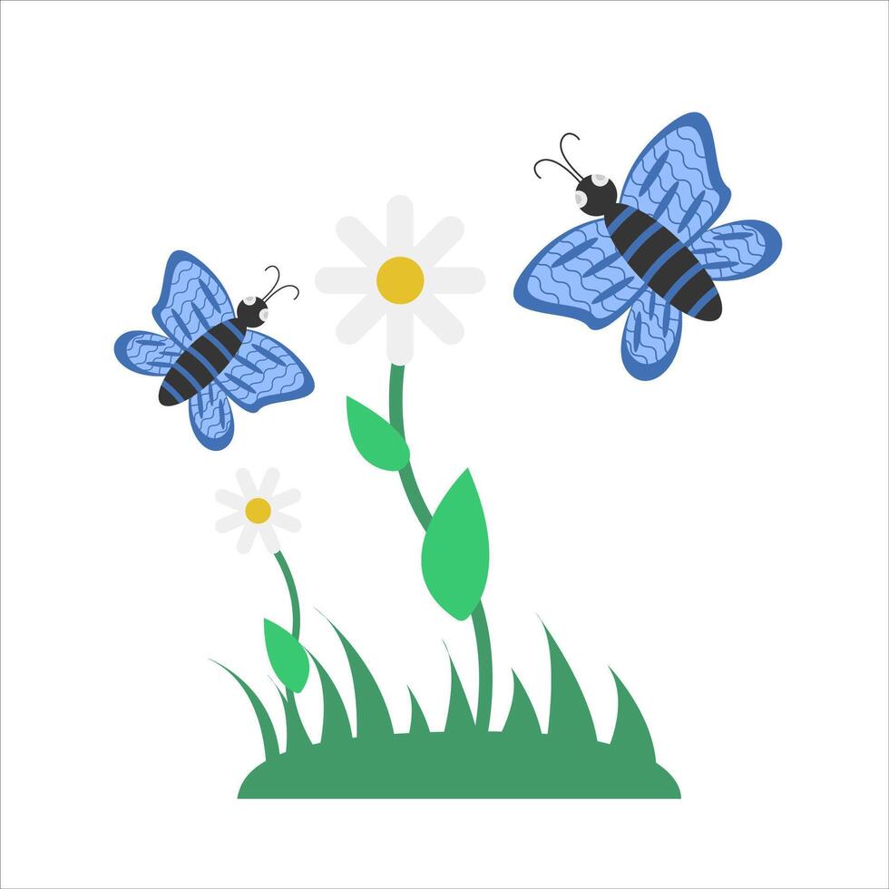butterfly, flower with grass illustration vector