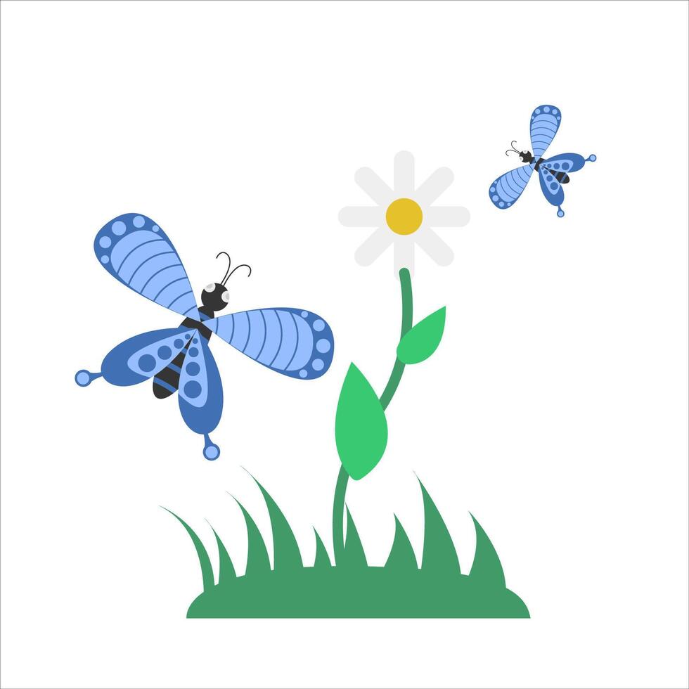 butterfly, flower with grass illustration vector