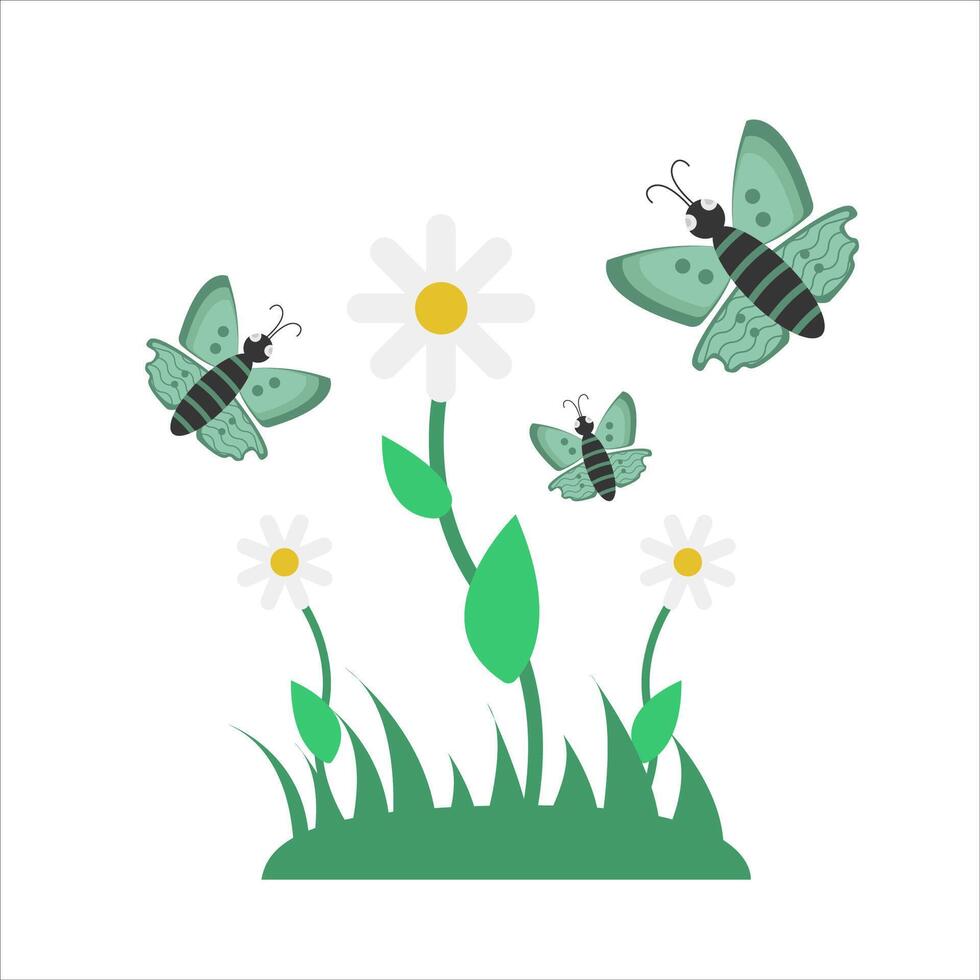 butterfly, flower with grass illustration vector