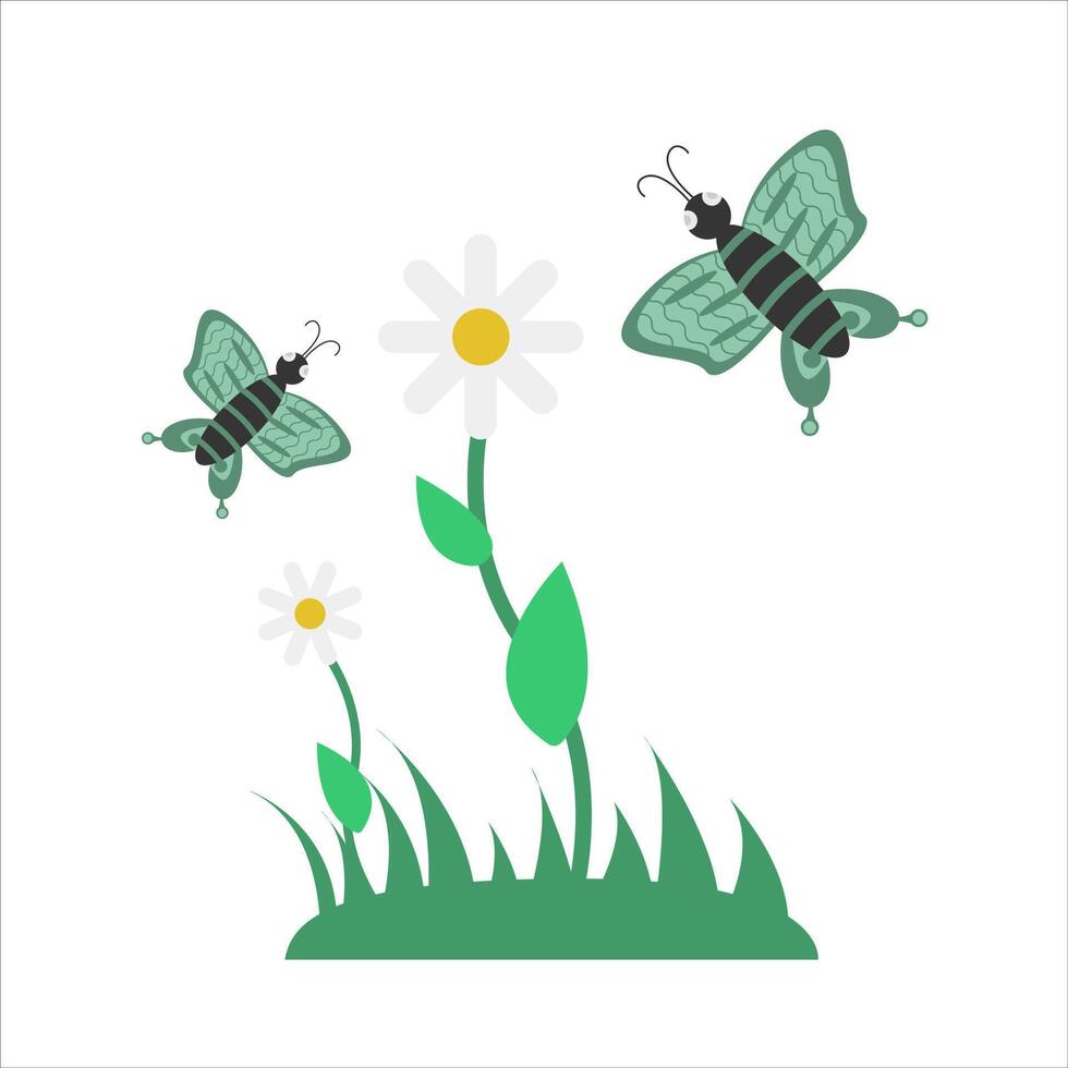 butterfly, flower with grass illustration vector