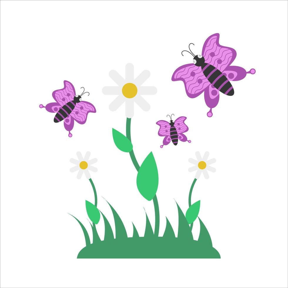 butterfly, flower with grass illustration vector