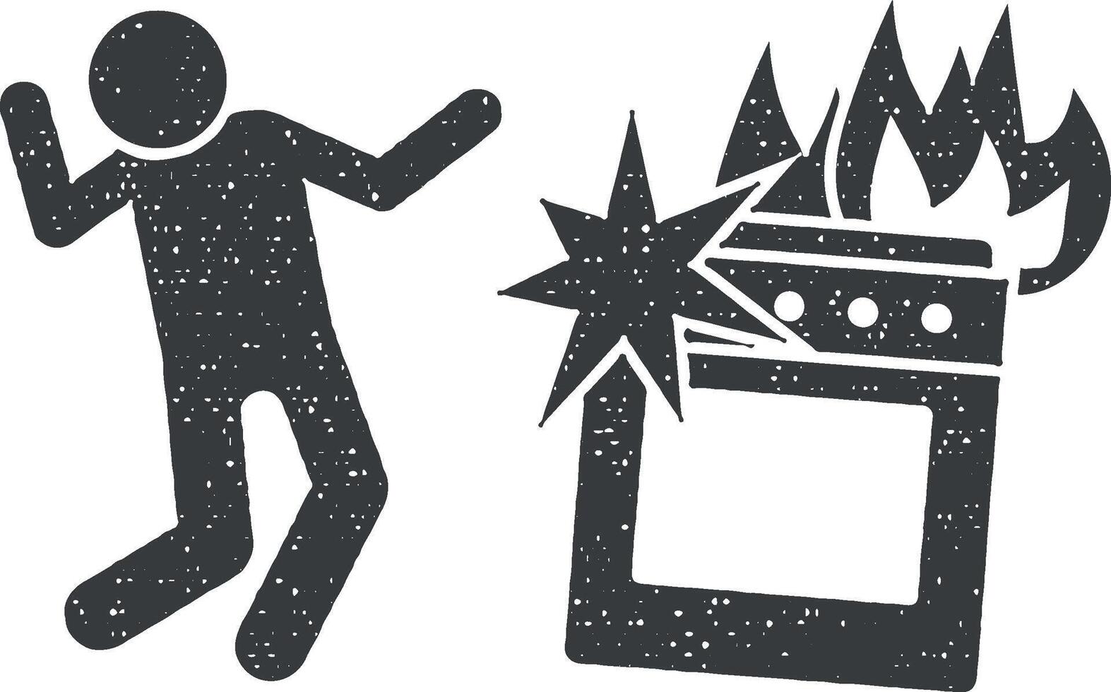 Gas stove explosion with man icon vector illustration in stamp style