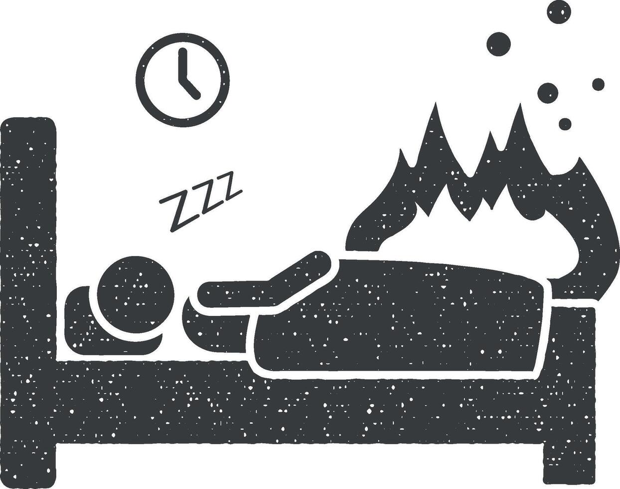 Fire during man sleeping fire icon vector illustration in stamp style