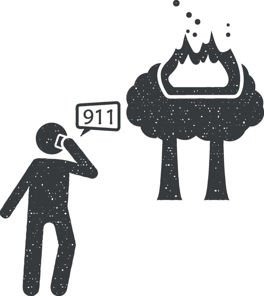 Fire, call, man, trees icon vector illustration in stamp style