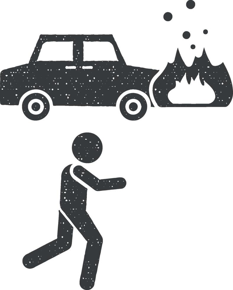 Fire, man, car icon vector illustration in stamp style