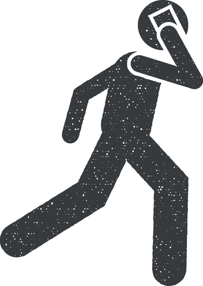 Man, run, talking phone icon vector illustration in stamp style