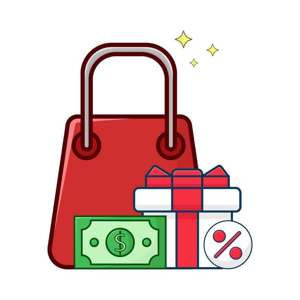 compras bolsa, dinero con regalo caja rebaja ilustración vector