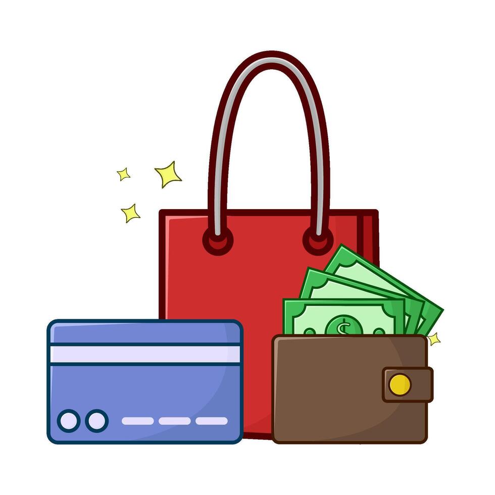 compras bolsa, débito tarjeta con dinero en billetera ilustración vector