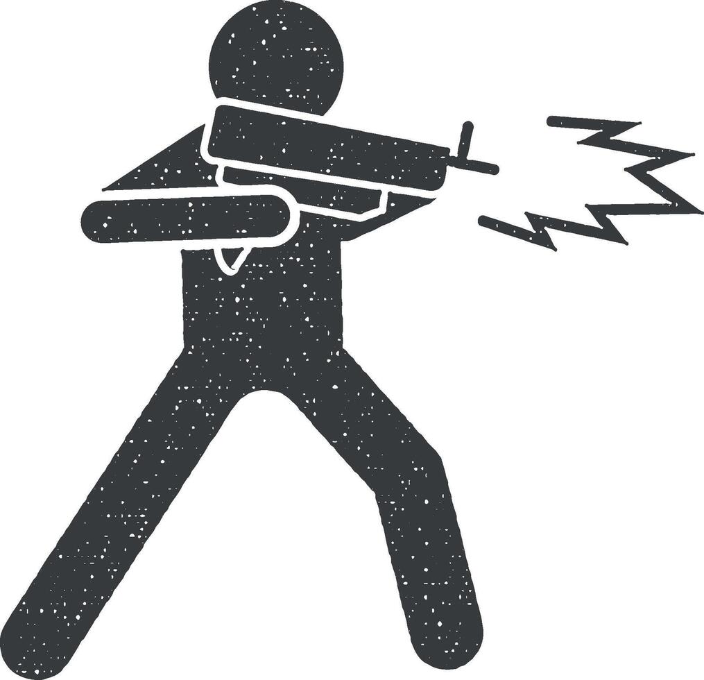 pistola hombre disparar icono vector ilustración en sello estilo