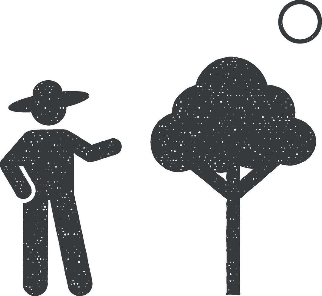 Garden, tree, man icon vector illustration in stamp style