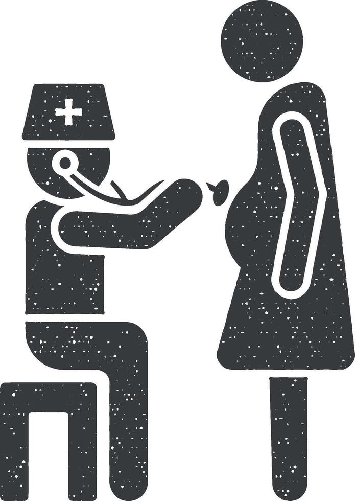 médico control, ginecología, embarazada icono vector ilustración en sello estilo