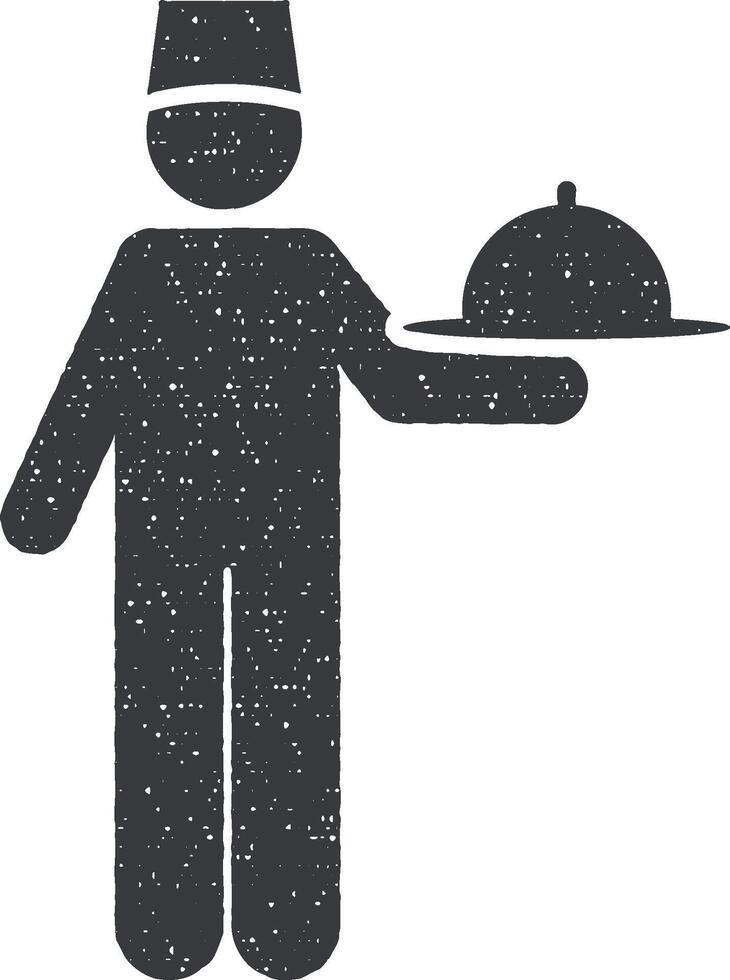 alimento, servicios, hotel, camarero icono vector ilustración en sello estilo