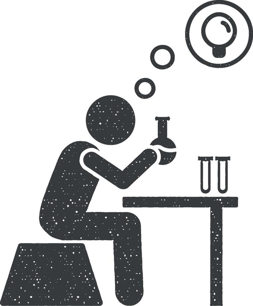 hombre tener idea en laboratorio icono vector ilustración en sello estilo