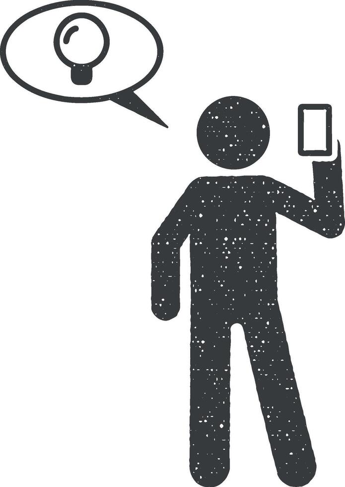 Man with phone have an idea icon vector illustration in stamp style