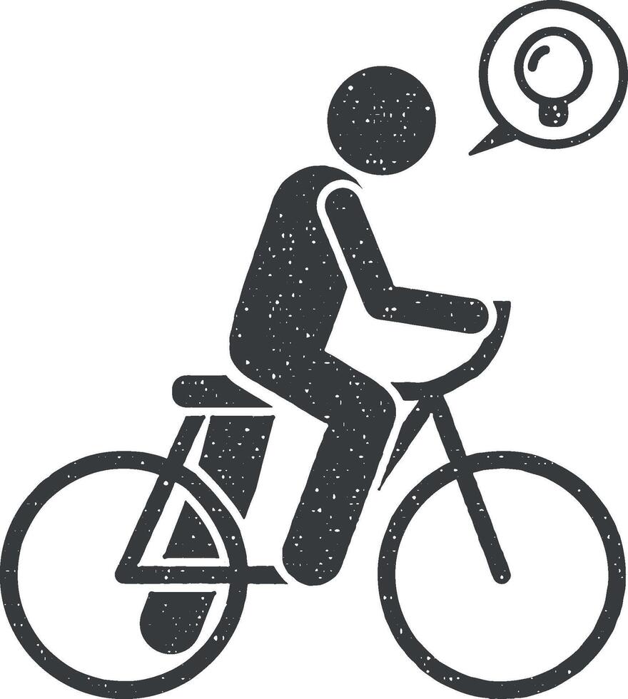 Man have idea on bicycle icon vector illustration in stamp style