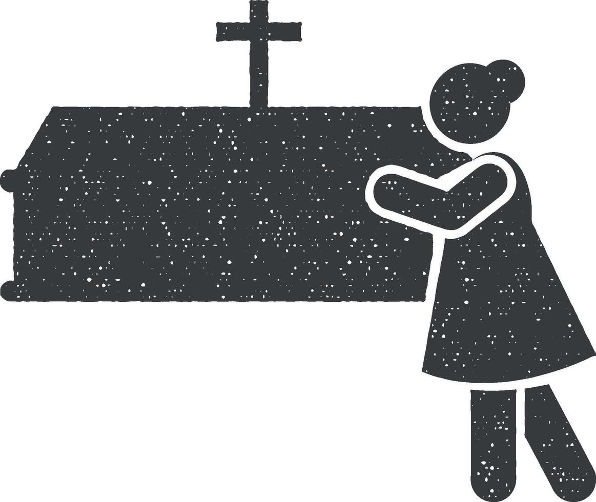 mujer llorar ataúd dolor icono vector ilustración en sello estilo