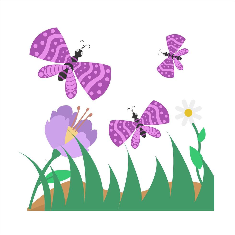 mariposa en flor con césped ilustración vector