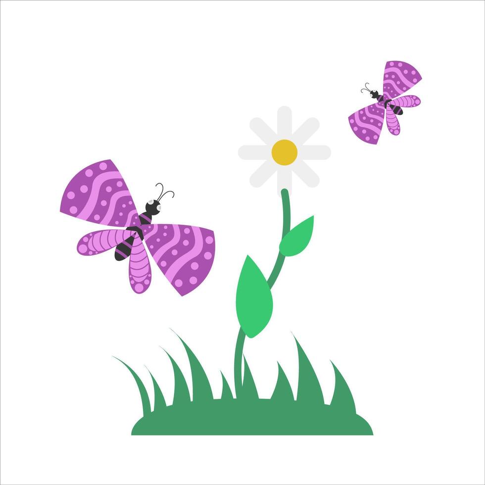 mariposa, flor con césped ilustración vector