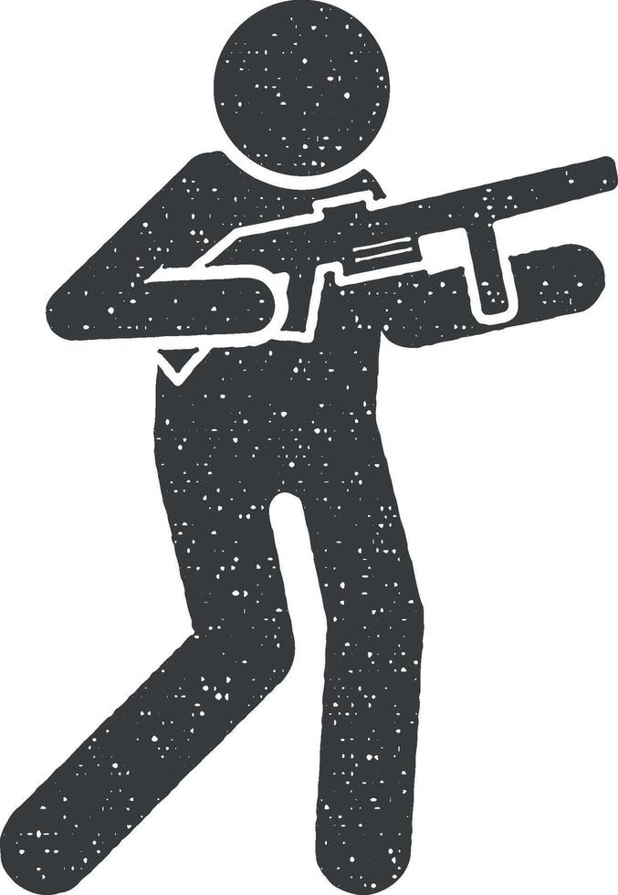 pistola hombre disparar icono vector ilustración en sello estilo