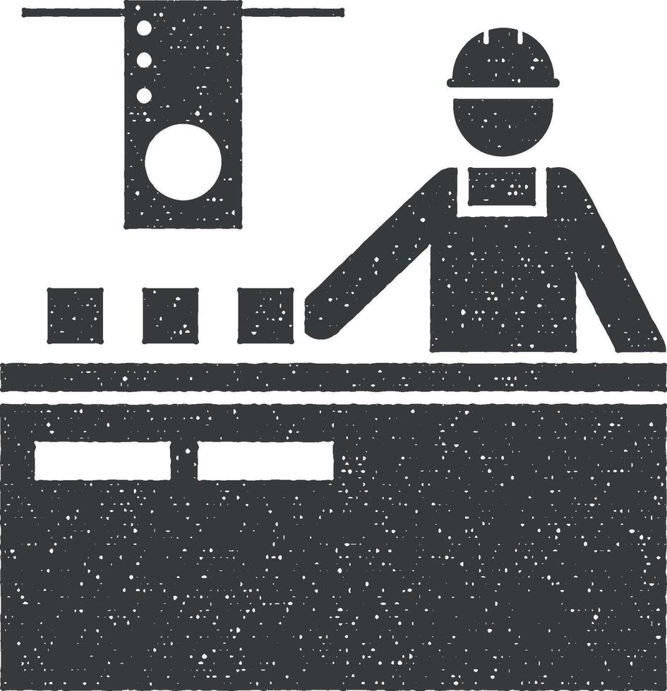 producción, trabajo, hombre, fabricación, ingeniero icono vector ilustración en sello estilo