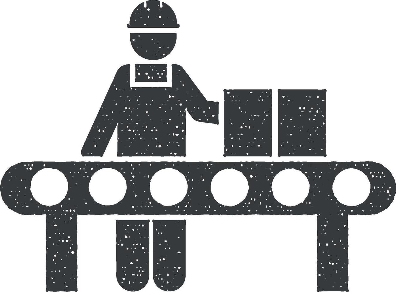 Job, conveyor, production, factory icon vector illustration in stamp style