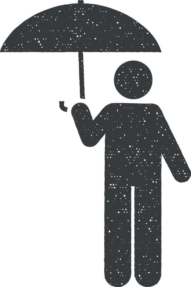 Umbrella, man icon vector illustration in stamp style