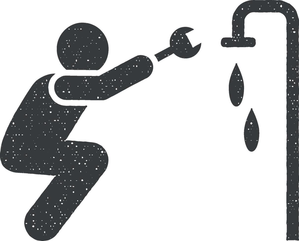 Water, cogwheel, wrench, man icon vector illustration in stamp style