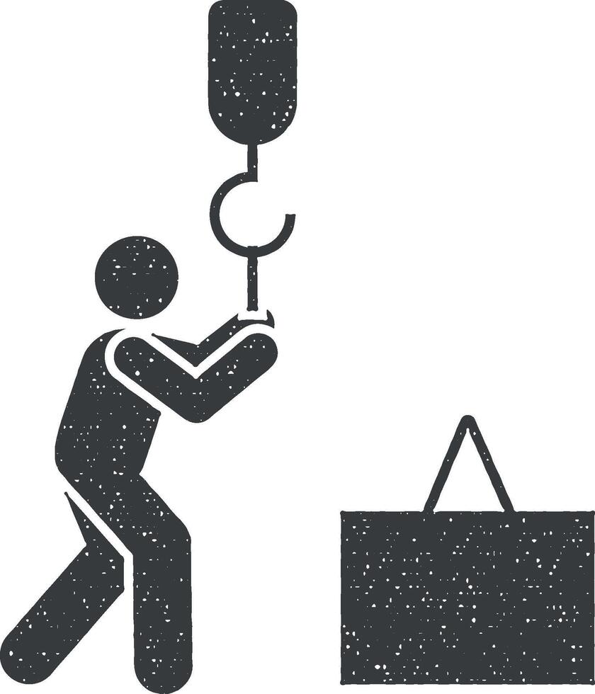 Container, hang, hook, box, man, job icon vector illustration in stamp style