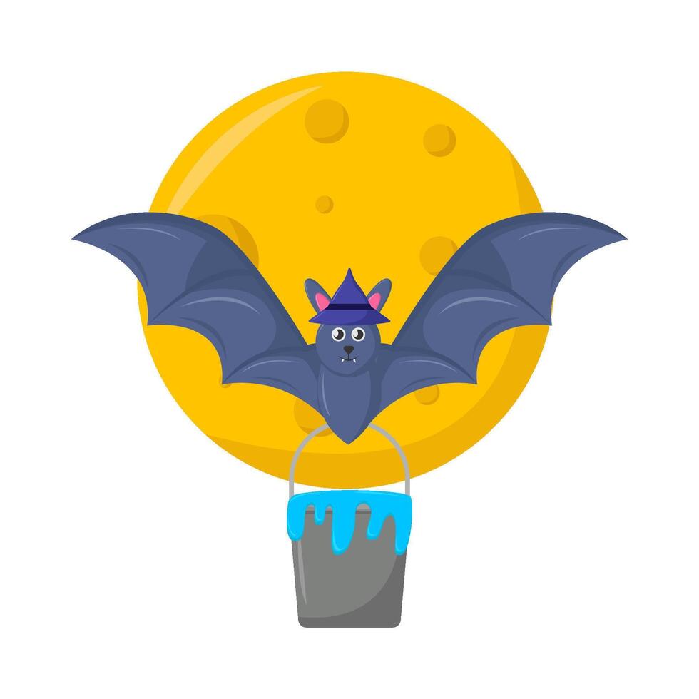 bat, bucket colored paint with moon illustration vector