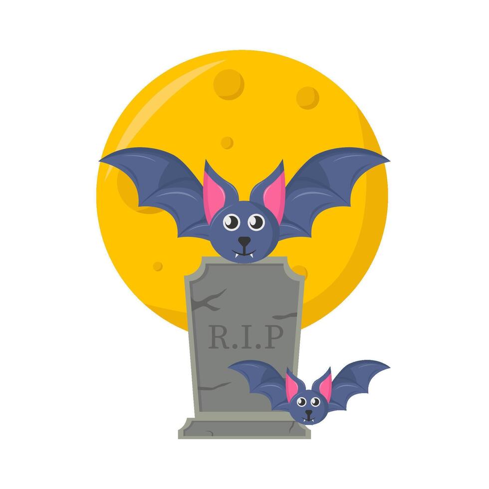 bat, tombstone with  full moon illustration vector