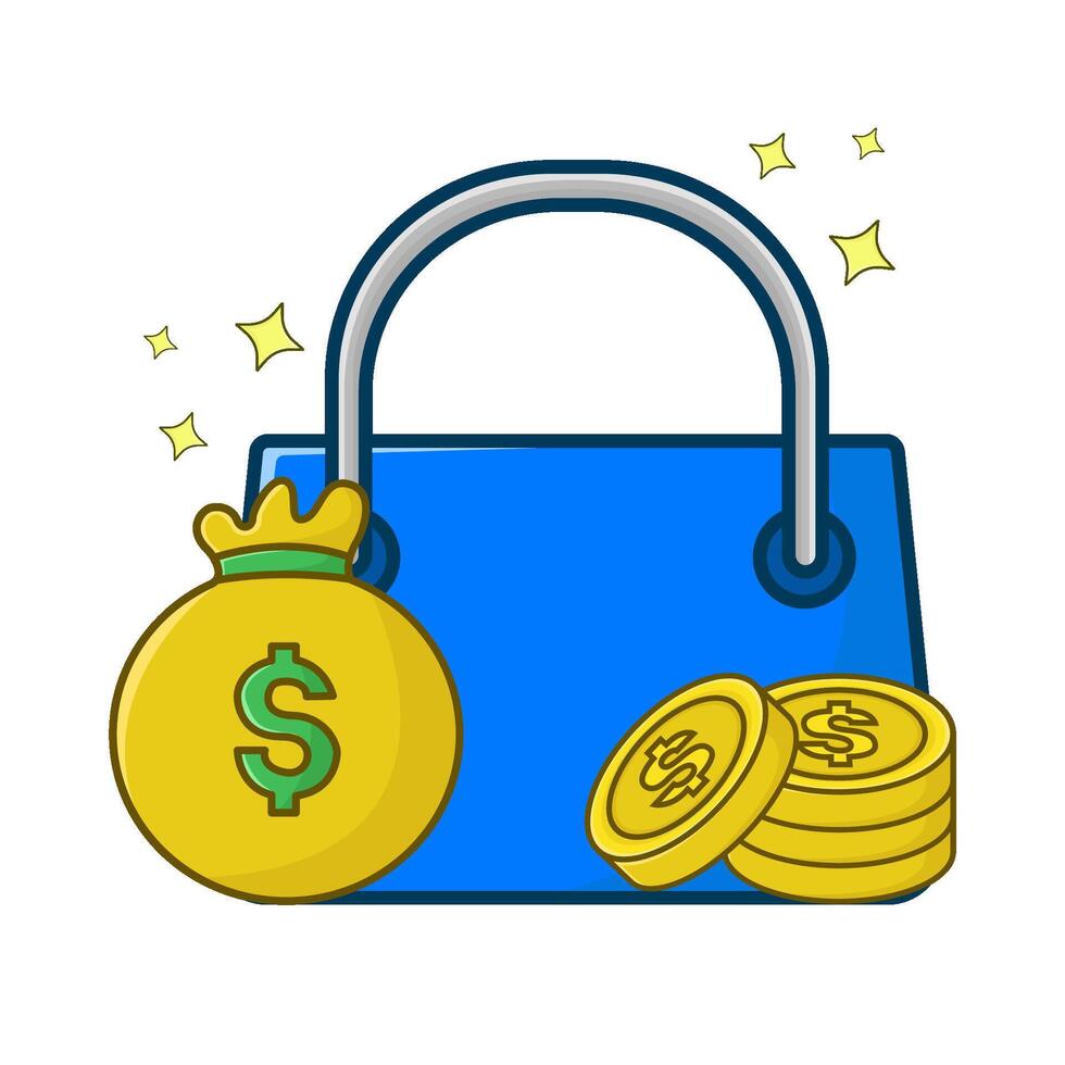 compras bolsa, dinero moneda con dinero bolso ilustración vector