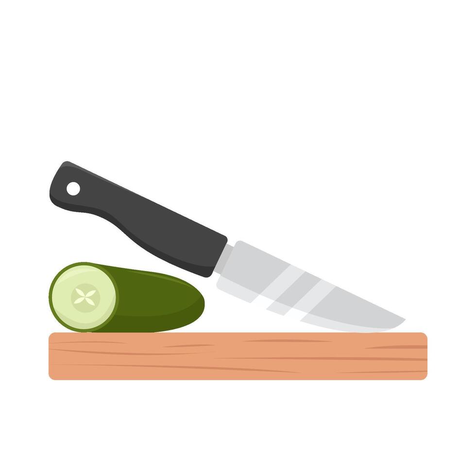 knife with cucumber in cutting board illustration vector