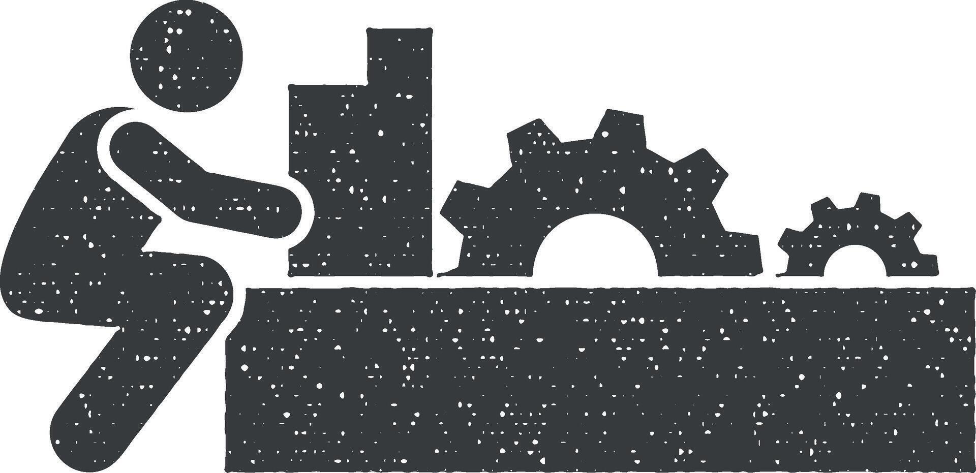 Machinery, factory, assembly, man, job icon vector illustration in stamp style