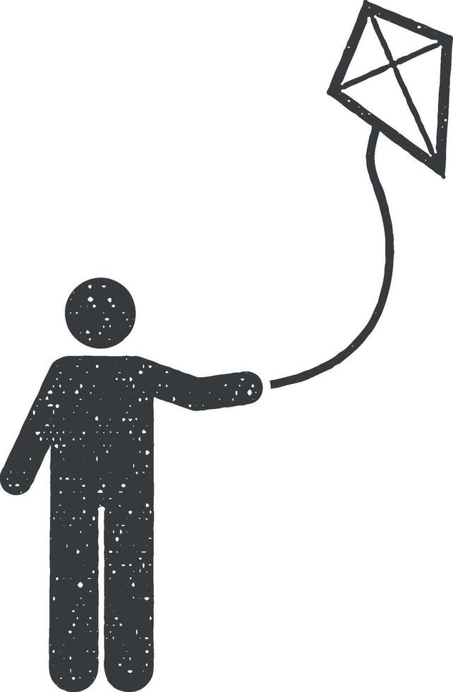 Flying, kite, man icon vector illustration in stamp style