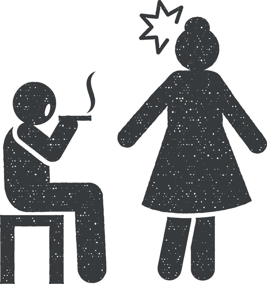 de fumar, hombre, hígado, agresivo, mujer icono vector ilustración en sello estilo